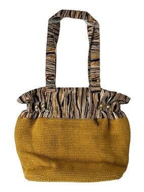 Green Jute Oversized Purse, Mustard Yellow w/Striped Handles & Interior